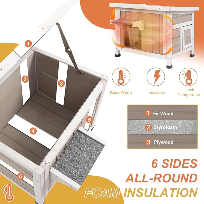 Outdoor Cat House Insulated, Winter Insulated and Thermostatic Outdoor Feral Cat House Weatherproof Solid Wood, Easy Assembly Cat Shelter with Open Roof,22.44x18.43x17.52 in