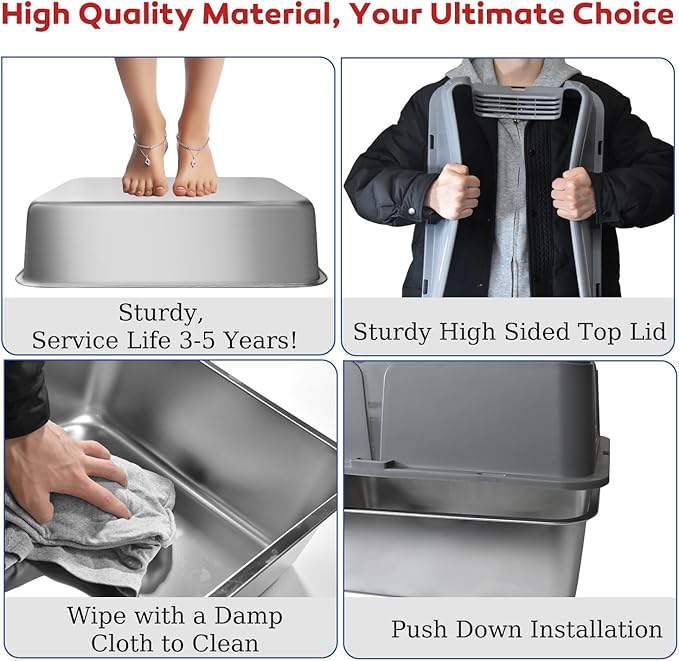 Stainless Steel Litter Box with Lid, 24" XL Extra Large High-Sided Metal Cat Litter Box for Multiple Cats,Anti-Leakage & Non-Stick, Easy to Clean, Includes 2 Scoops&Deodorizer Box, Gray