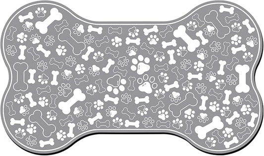 Dog & Cat Food Mat Bone Shaped Pet Feeding Mat Quick Absorb Water Bowl Placemat with Rubber Backing Indoor Floor Stain Resistant Pet Accessory Supplies (Grey, 17x29 Inches)