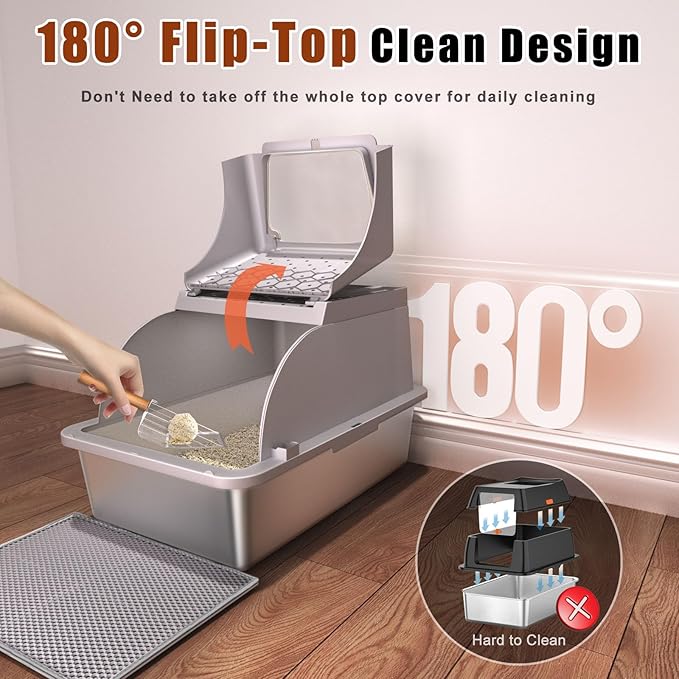 Stainless Steel Cat Litter Box with Lid, 180° Flip Top XL Enclosed Litter Box with Trapping Mat & Metal Scoop, Front Top Dual Entry Steel Extra Large Cat Litter Pan