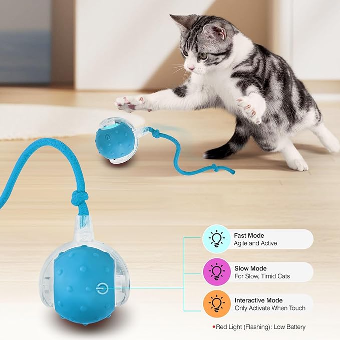 Electric Interactive Cat Toy Ball - Automatic Rolling Silicone Cat Toys for Indoor Cats, Durable Chew-Proof Motorized Kitty Ball with LED Light, Fun Exercise Toys for Bored Kittens(Blue)