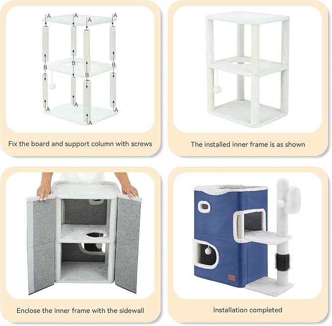 YITAHOME 2 Storey Cat House, Cat Beds for Indoor Cats, Small Cat Condo with Highway Cave, Scratch & Itching Post, Clmibing Stand, Modern Cat Cube Playhouse for Multi Kittens, Blue