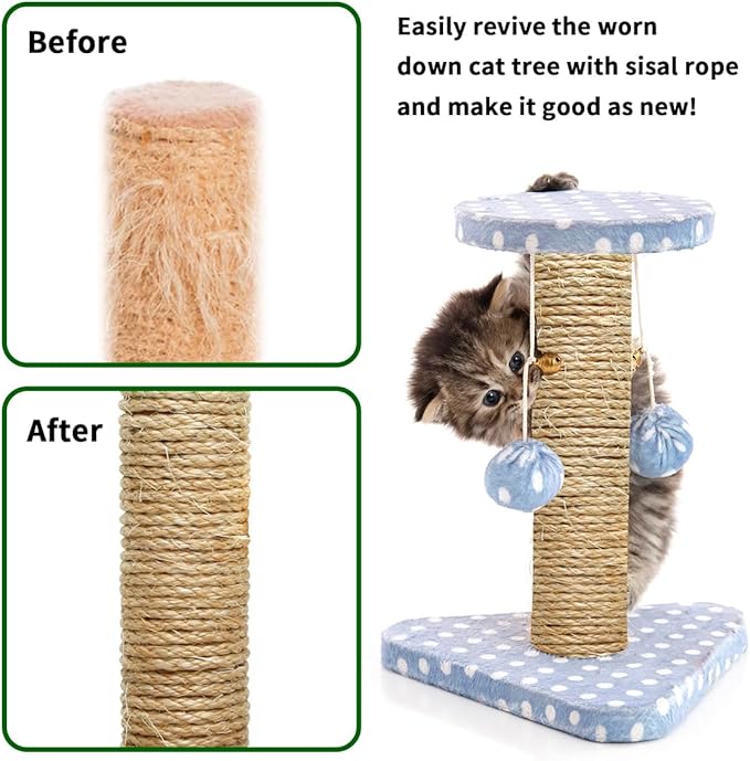 Cat Natural Sisal Rope 1/4 Inch 6mm 98-Feet for Cat Scratching Post Tree Tower Replacement Repair and Replace, DIY Hemp Twine Rope for Cat Scratching Furniture Window Perch and Crafts Gardening