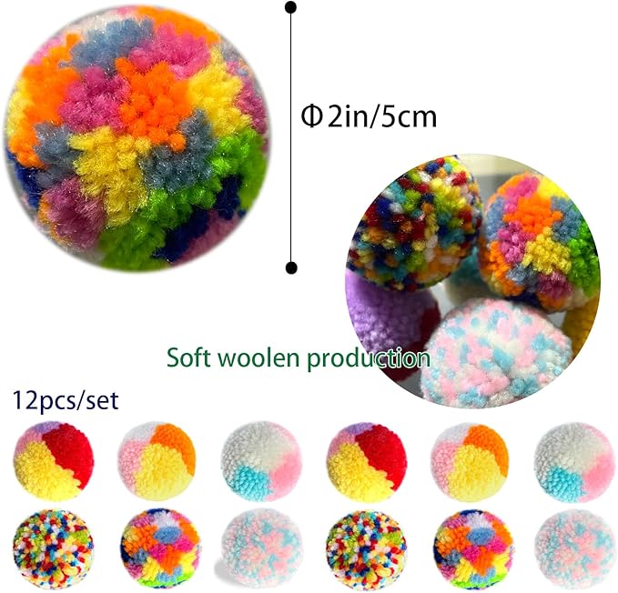 Assorted Color Cat Ball Toys, Woolen Yarn Puffs Pom Balls Interactive Kitten Chasing Toys Cat Chase Balls (12Pcs)