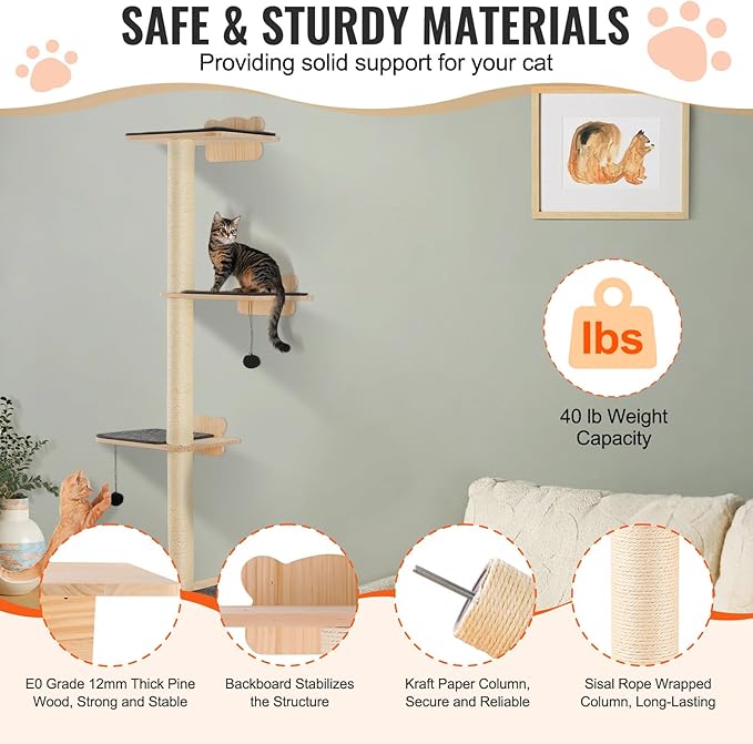 VEVOR 4 Tiers Cat Wall Furniture Set with 4 Jumping Boards, Wall-Mounted Cat Floating Shelf up to 40 lbs, 12 mm Pine Wood Perch for Sleeping, Playing, and Climbing