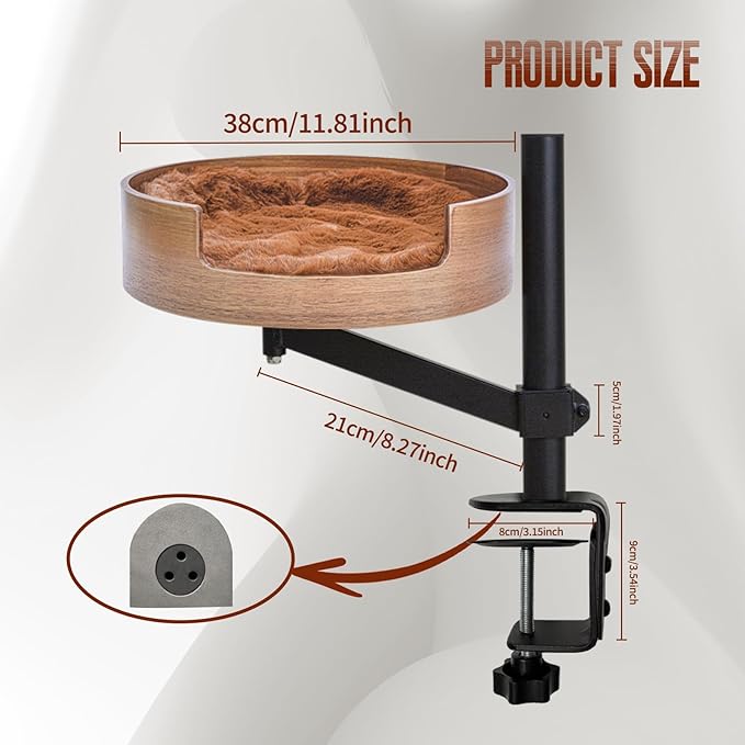 Cat Bed Desk with Pet Mat, Cat Hammock for Desk, Cat Bed Desk with Wooden Bowl, 360° Rotation and Adjustable Height, Coffee