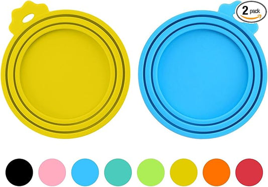 2 Pack Pet Food Cans Lids, Silicone Food Can Covers for Dog and Cat, BPA Free/Food Safe/Universal, One Fit Most Standard Size Food Can Top Yellow/Blue