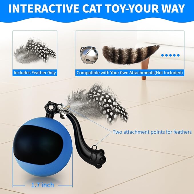 Interactive Cat Toy Ball with Remote Control, Automatic Moving & Rolling Cat Feather Toy, USB Rechargeable, Motion Activated Remote Control Cat Toy for Indoor Cats (Blue)
