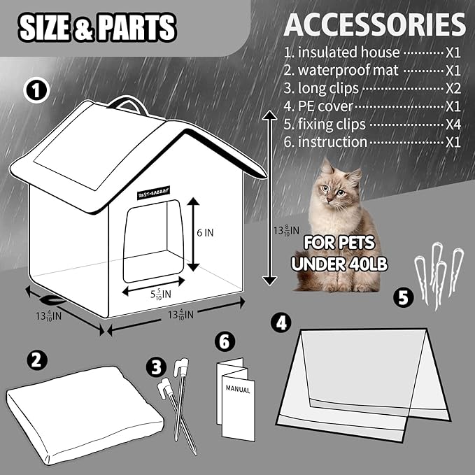 Rest-Eazzzy Cat House for Outdoor Cats, Weatherproof and Insulated Feral Cat House with Mat and Clip, Easy to Put Together, Selfwarming Cat Shelter for Winter(Olive Green, Canopy House X 1)