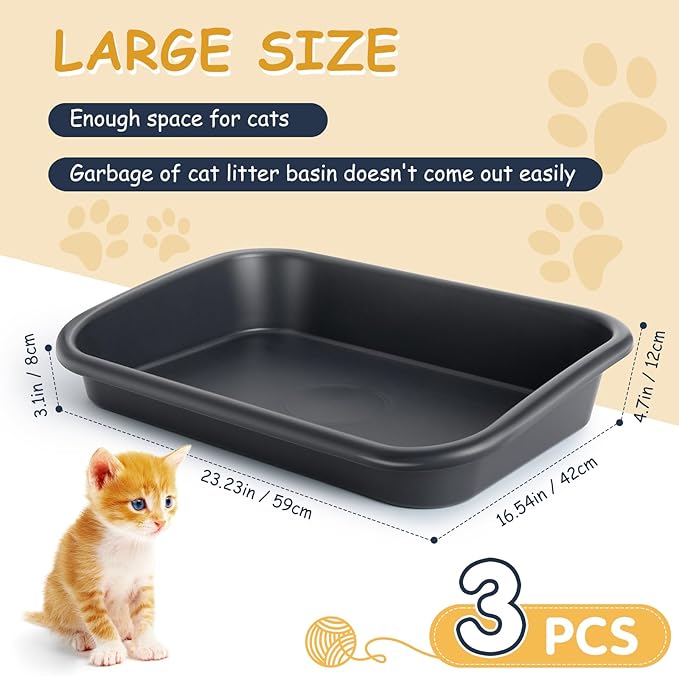 3 Pcs Large Cat Litter Box, Low Entry Senior Cat Litter Box Open Top Pet Litter Boxes Tray for Big Older Cats Kitten Sick Frail or Disabled Cat, 23.2" L x 16.5" W (Dark Gray)