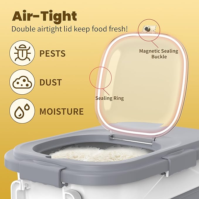 HOYTAMDA 20-30Lbs Rice Container,Collapsible Airtight Food Storage Containers with Wheels,Handle,Rice Storage Container with Small Bin and Scoop,Rice Dispenser for Flour Sugar Cereal Grain Dog Cat