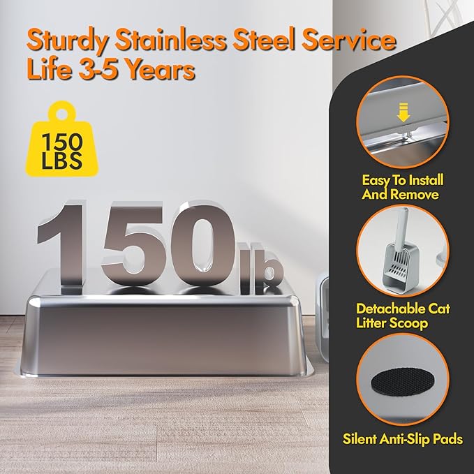 Stainless Steel Cat Litter Box with Lid, 24" L x 16" W x 11.8" H, Large Cat Litter Box for Multiple Cats with High Sided, No-Leak & Stick, Easy to Clean, Includes Litter Mat & Multi Functional Scoop