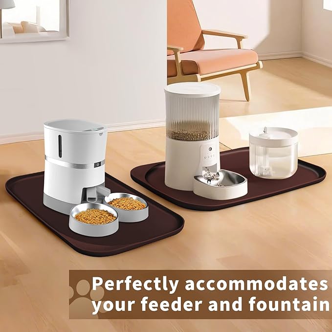 Silicone Pet Feeding Mat with Raised Edge & Residue Collection Pocket for Food and Water, Dog Bowl Mats, Cat Bowls Placemat with High Lip for Floor Waterproof, 19 x 12 x 0.7 Dark Brown