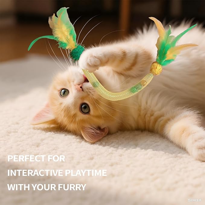 Interactive Cat Toys for Indoor Cats with Catnip โ 1 Pack Feather Elastic Mesh Catnip Chew Toys with Bells and Pom-Poms, 19.5 Inch Durable Kitten Teething Toy Bundle
