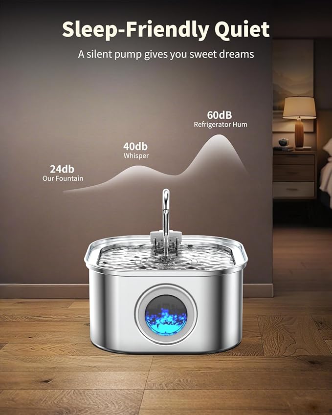 Cat Water Fountain Stainless Steel, 108oz/3.2L Automatic Pet Water Dispenser with 5V Quiet Pump, Triple Filtration, Visible Water Level Window, for Cats, Dogs, Multi-Pet Homes