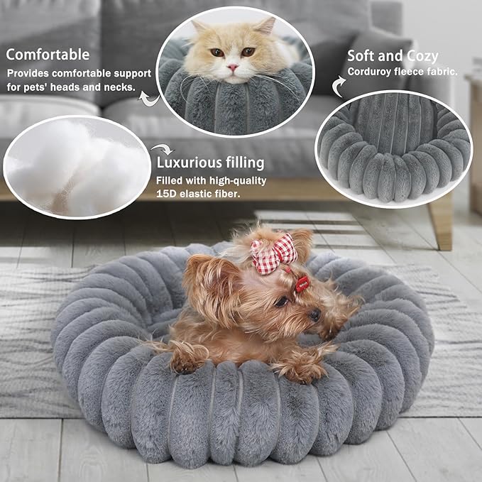 Kitten Beds for Indoor Cats - Soft Cozy Small Cat Bed Washable 16 Inches,Calming Anti-Slip Round Fluffy Plush Faux Fur Pet Bed for Puppy and Kitten up to 5 lbs,Warm Grey