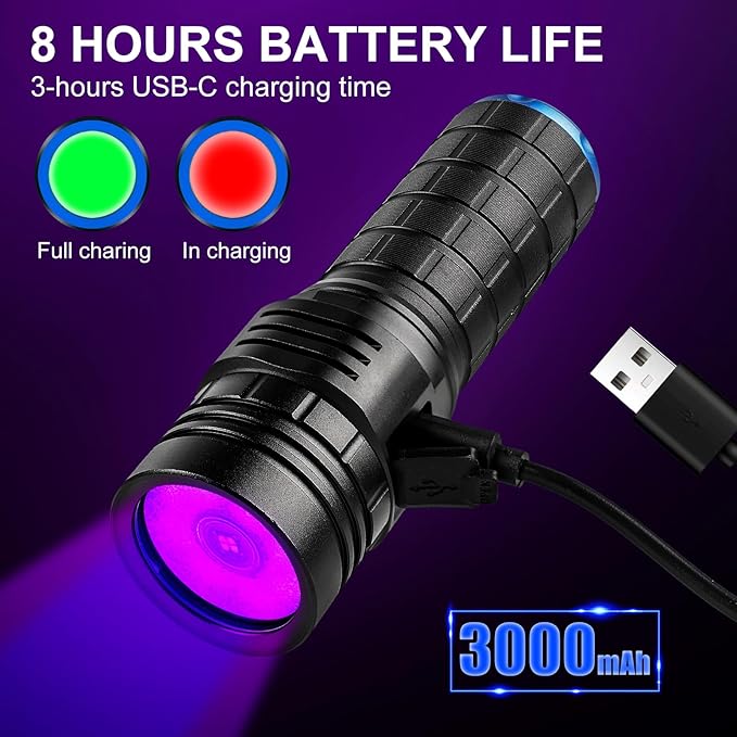 365nm Black Light Flashlight with Black Filter, 50W Rechargeable UV Flashlight, Ultraviolet Bright UV Led Torch for Pet Urine & Bed Bug Detector, Scorpions, Dry Stains, Ore and Jade (365 nM)