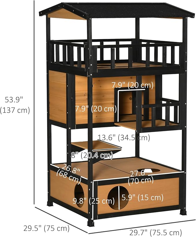 PawHut Wooden Outdoor Cat House, Feral Cat Shelter Kitten Condo with Asphalt Roof, Escape Doors, Condo, Jumping Platform, Yellow