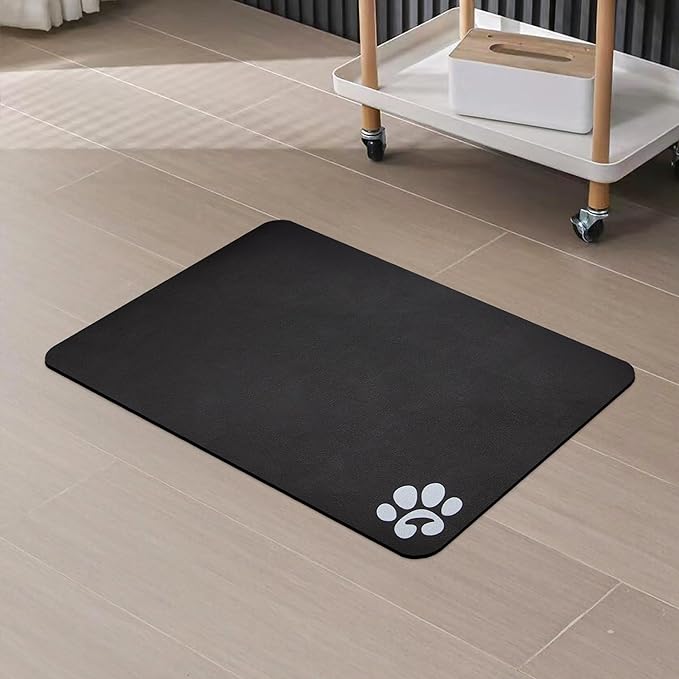 YCT Pet Cat Food Mats for Dog Food Mat, Cat Mat for Food, Pet Dog Cat Feeding Mat Eating Mat Pet Dog Cat Bowl Mats, Non-Slip Super Absorbent, with Footprints Logo,18.1 x 11.8 inches, Black