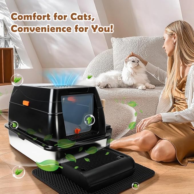 Vivifying Stainless Steel Litter Box with Lid, XL Front Entry Enclosed Extra Large Litter Box for Big Cats & Kitty, Top Exit Metal Cat Pan with Scoop, Mat, Footboard, Charcoal Filter (Black)