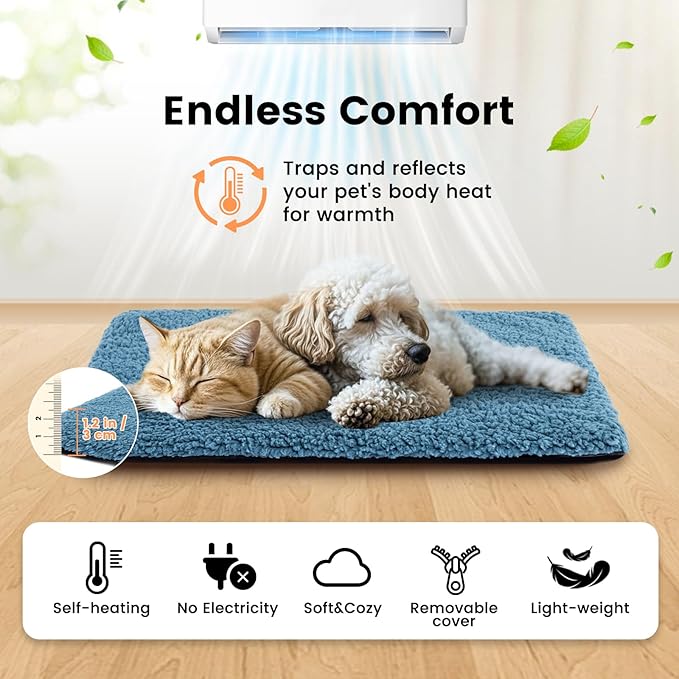 Dog Bed Mat Self Heating Pad for Large Medium Dogs, Dog House Bed Crate Pad for Sleeping Self Warming Pet Bed Puppy Blanket with Removable Washable Cover, Blue 48 Inches