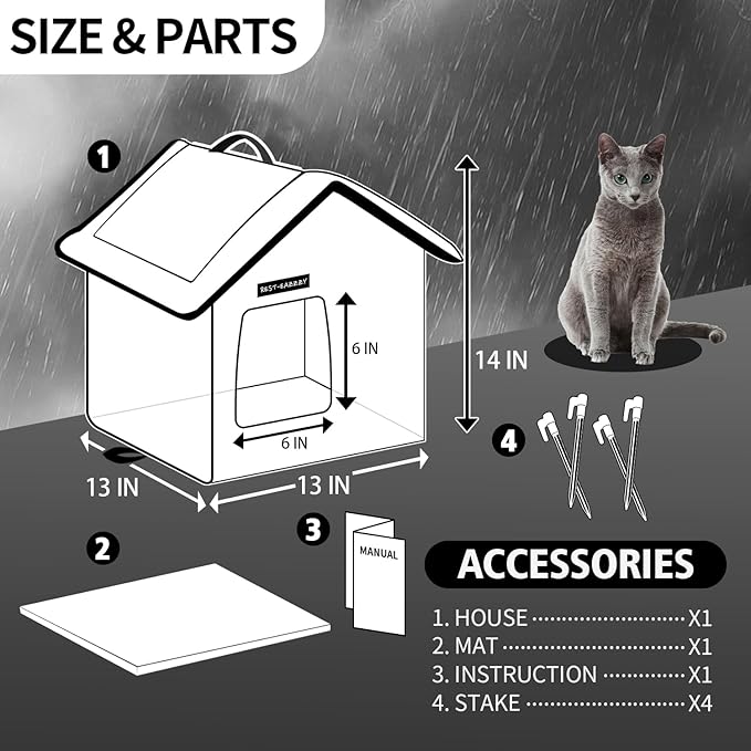 Rest-Eazzzy Cat House for Outdoor Cats, Weatherproof and Insulated Feral Cat House with Mat and Clip, Easy to Put Together, Selfwarming Cat Shelter for Winter(Grey, Waterproof House-S)