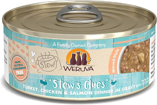 Weruva Classic Cat Stews!, Stew's Clues with Turkey, Chicken & Salmon in Gravy, 5.5oz Can (Pack of 8)