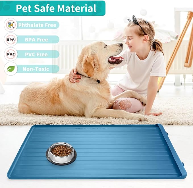 Dog Mat for Food and Water - 39.4" x 27" Large Pet Feeding Mats with Residue Collection Pocket - Waterproof Dog Cat Bowl Mat with High Edges to Prevent Water and Food Spills (Navy)