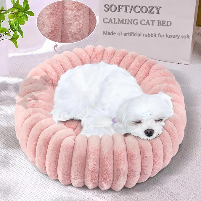 Cute Cat Beds for Indoor Cats - Cuddler Dog Beds for Small Dogs Washable with Anti Slip Bottom,Soft Cozy Comfort Donut Cushion for Puppy and Kitten,Blush Pink,19x19x5 inches