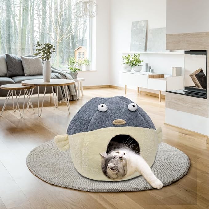 Cat Beds for Indoor Cats - Cute Animal-Shaped Cat Cave Bed for Larger Cat&2 Cats,Super Soft Calming Cat Tent for Kitten&Puppy,Small Dog,Warm Plush&Machine Washable&Removable Cotton Pad (Gray XL)