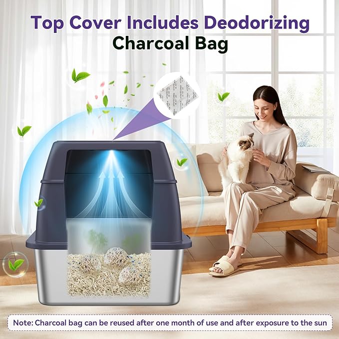 Stainless Steel Litter Box with Lid, Cat Litter Box Enclosure XL Odor-Proof with Litter Mat, Covered Litter Box Rust-Resistant Durable for Big Cat, Easy Clean 37L Capacity (Dark Purple)