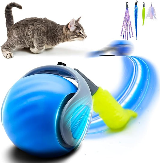 Interactive Cat Toy for Indoor Cats, Speedy Ball with Tail, Automatic Moving Cat Balls for Bored Indoor Adult Cats, 360°Automatic Rolling Ball Toy, Two Speed Adjustment(Blue)