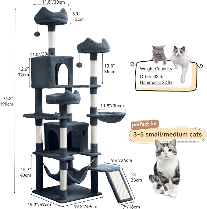 YITAHOME Tall Cat Tree for Indoor Cats, 75 inch Multi-Level Cat Tower with Cat Condos, Top Perches, Sisal Ramp Scratching Posts, Cozy Basket, Hammocks, Large Cat Pet Activity Structure, Dark Grey