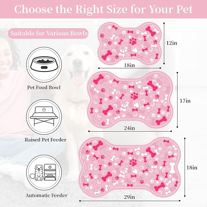 Dog & Cat Food Mat Bone Shaped Pet Feeding Mat Quick Absorb Water Bowl Placemat with Rubber Backing Indoor Floor Stain Resistant Pet Accessory Supplies (Light Pink Small, 12x18 Inches)