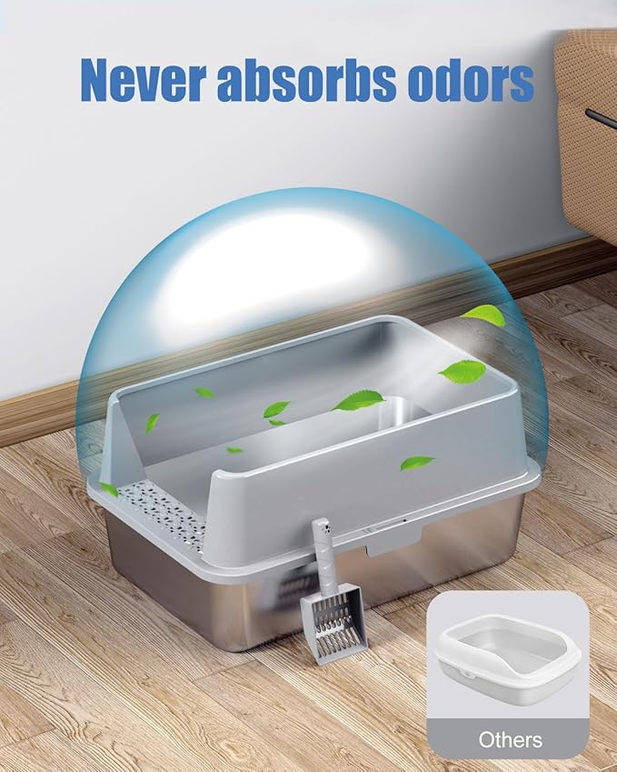2PACK Stainless Steel Litter Box, Metal Litter Boxs with Lid High Sides, XL Extra Large Litter Box for Big Cats, Never Absorbs Odors, Leak-Proof, Stain-Free, Rust-Free, Easy to Clean, Scoop Included