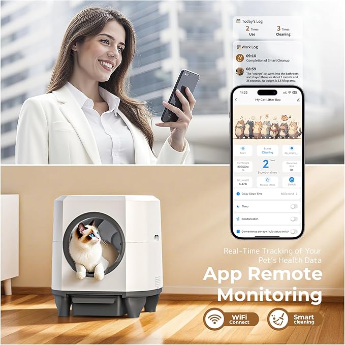 Self Cleaning Litter Box, Large Capacity Automatic Cat Litter Box with APP Control, Safety Sensors, Built-in Deodorizing Scent Box, and 1 Roll Garbage Bags ,White