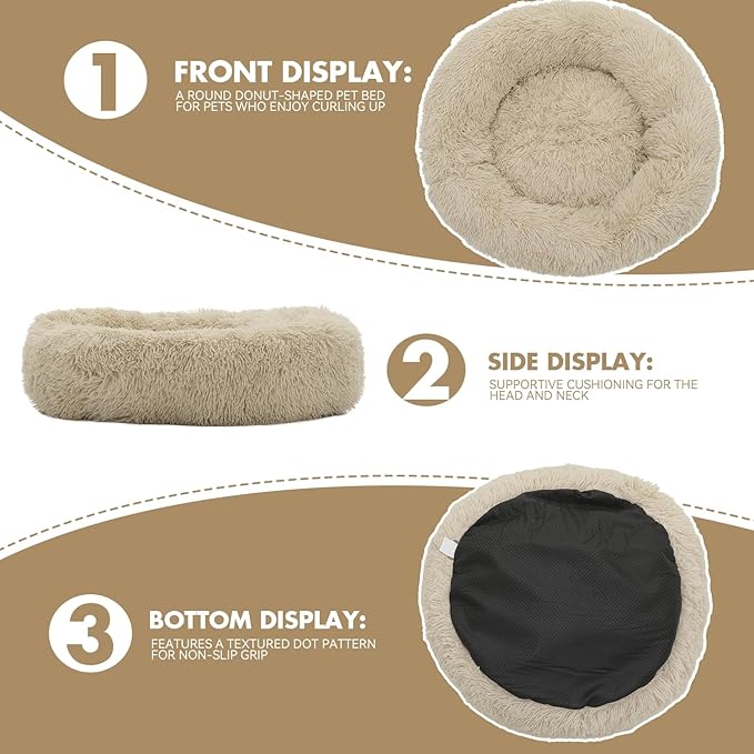 Athena Collection Washable Dog Bed Medium Size Dog, Cat Bed for Indoor Cats, 31 Inches Fluffy Faux Fur Round Pet Bed Calming Cozy Soft Warming Donut for Medium Puppy Kitten, Beige
