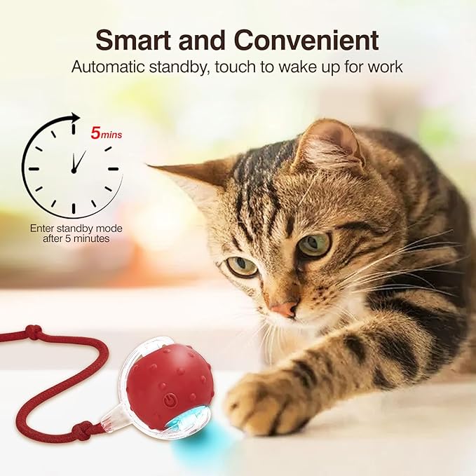 Electric Interactive Cat Toy Ball - Automatic Rolling Silicone Cat Toys for Indoor Cats, Durable Chew-Proof Motorized Kitty Ball with LED Light, Fun Exercise Toys for Bored Kittens(red)