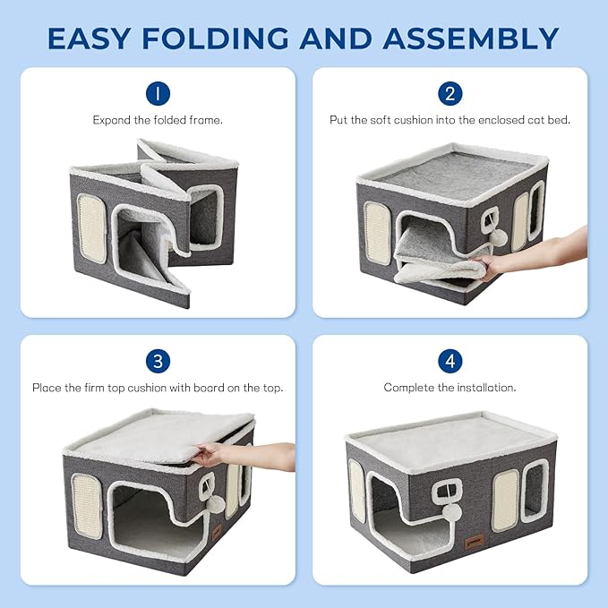 Extra-Wide Cat House for Indoor Cats - Large Cat House for Pet with Fluffy Ball Hanging and Scratch Pad, Foldable Cat Hideaway for Multi Cats, 23x16.5x13 inches, Grey