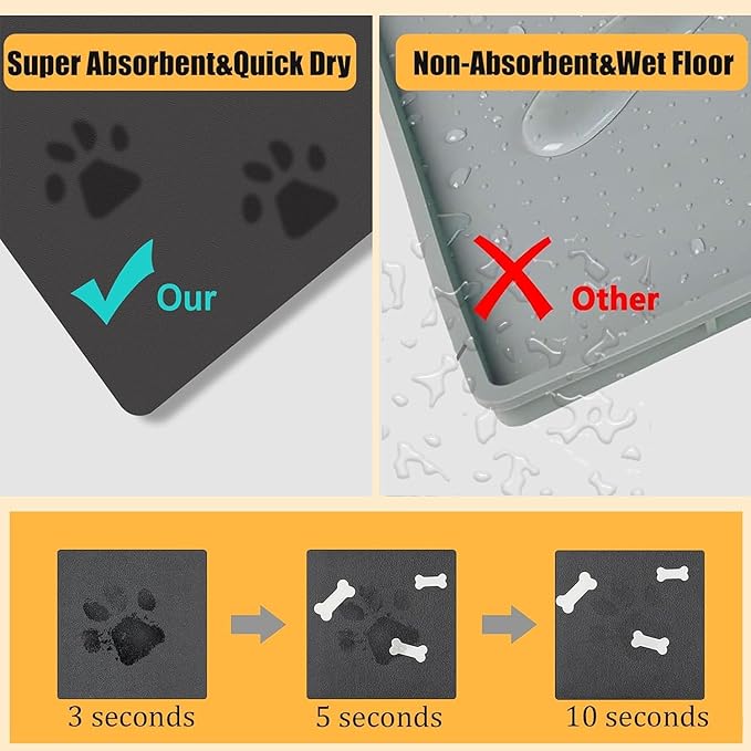 18×30in Pet Feeding Mat Dog Cat Food Mat for Floors Waterproof Food and Water Bowl Mats for Indoor Absorbent Non-Slip Dog Food Mat Quick Dry Pet Food Mats Light Gray