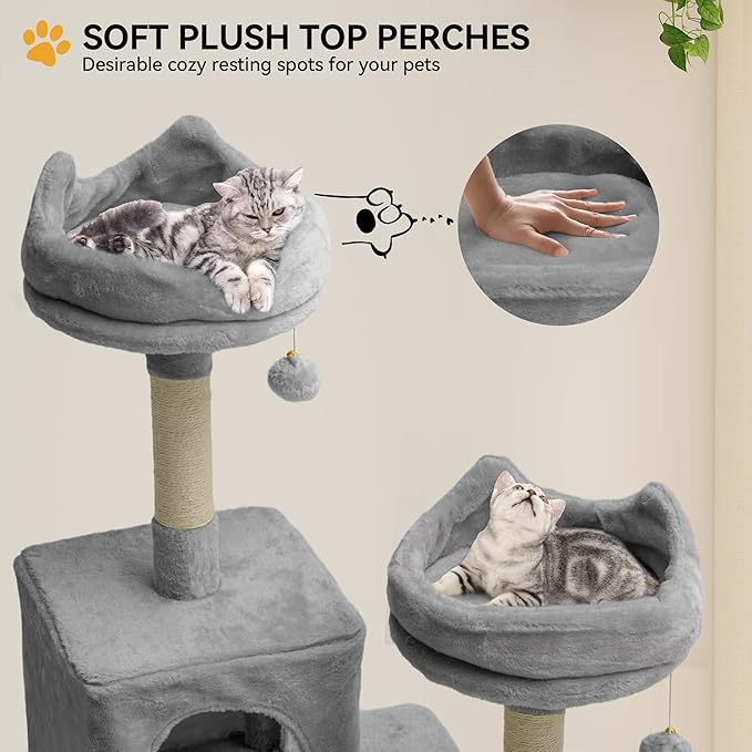 YITAHOME 75-Inch Tall Cat Tree Indoor: Multi-Level Kitten Tower with Kitty Condos, Top Perches, Sisal Ramp, Scratching Posts & Cozy Basket Hammocks Pet Play House Light Gray