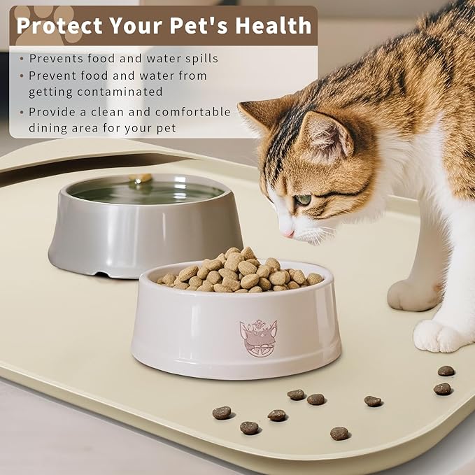 Silicone Pet Feeding Mat with Raised Edge & Residue Collection Pocket for Food and Water, Dog Bowl Mats, Cat Bowls Placemat with High Lip for Floor Waterproof, 24 x 16 x 0.8 White Sand