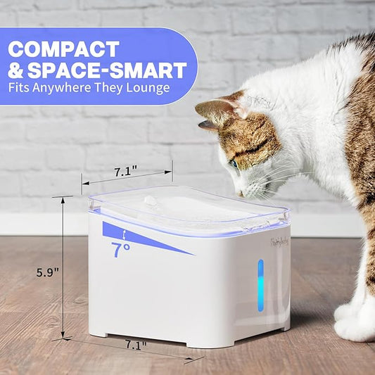 furrybaby Cat Water Fountain Quiet,67oz/2.0L Water Fountains for Cats Indoor with LED Light and Water Level Window,Small Pet Water Dispenser - Pure White 
