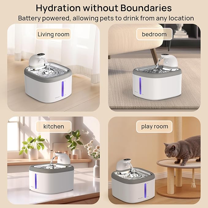 cat Water Fountain Wireless - 118oz/3.5L Cordless Automatic Water Dispenser for Cats, Stainless Steel Water Bowl for Pets no Spilling, Cat Feeding & Watering Supplies with 5 Filters