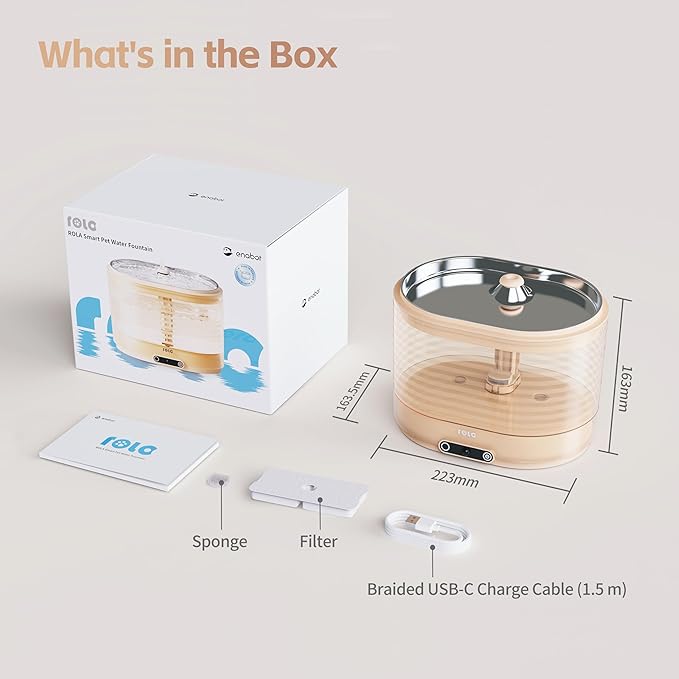 Enabot EBO ROLA Cat Water Fountain Cordless: Battery-Operated Smart Pet Fountain, Pumpless Cat Water Dispenser, Stainless Steel Tray, Wireless Cat Fountain w/Phone App (2.4 GHz Only)