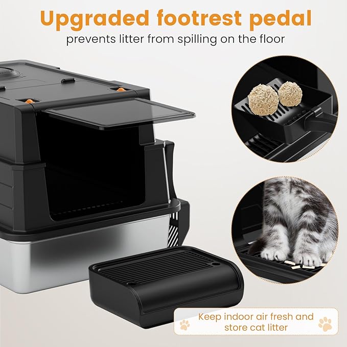 Enclosed Stainless Steel Litter Box XXXL, Extra Large 28" L x 20" W Metal Litter Box Enclosure with Cover and Foot Pedal and Scoop for Big Cats & Multiple Cats with High Sided, Easy Cleaning