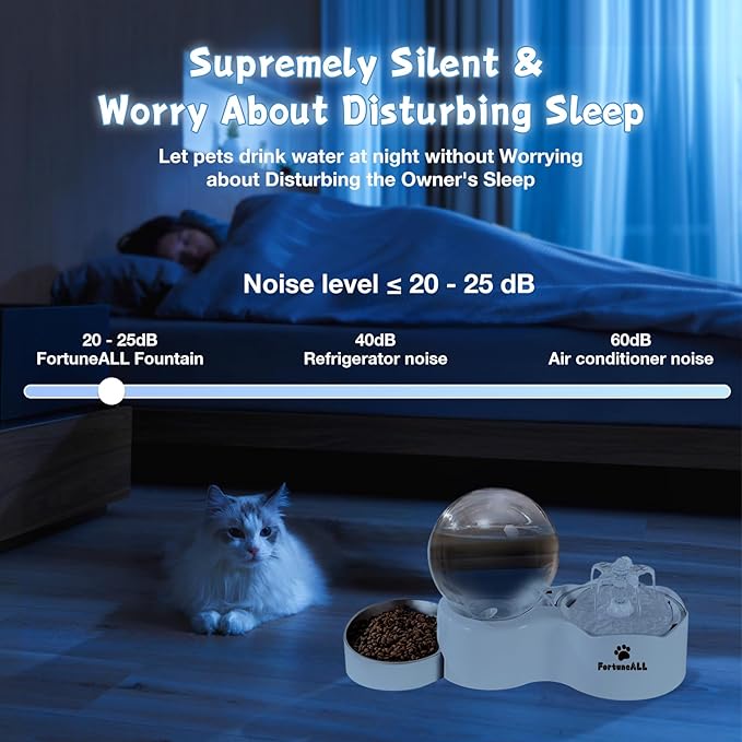 95oz/2.8L Pet Fountain 2 in 1 Set, Automatic Cat Water Fountain with Stainless Steel Feeding Tray, Cat Water Dispenser for Cats, Dogs, Quiet Anti-Dry Boil Water Pump, 3 Drinking Modes (White, WF180)