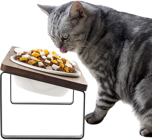 Sunhoo Ceramic Elevated Cat Bowls Raised Puppy Dishes for Food and Water Tilted Wooden Stand for Indoor Cats 5.5 inch Wide Double Dish Orthopedic Reduces Vomiting (Brown)