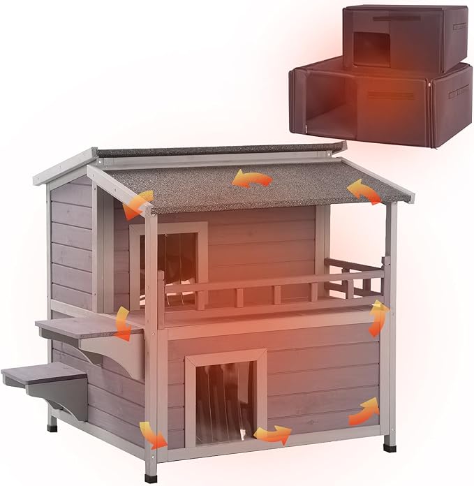 GUTINNEEN Outdoor Cat House Insulated, Weatherproof Feral Cat Shelter for Winter, Heated Cat Condo