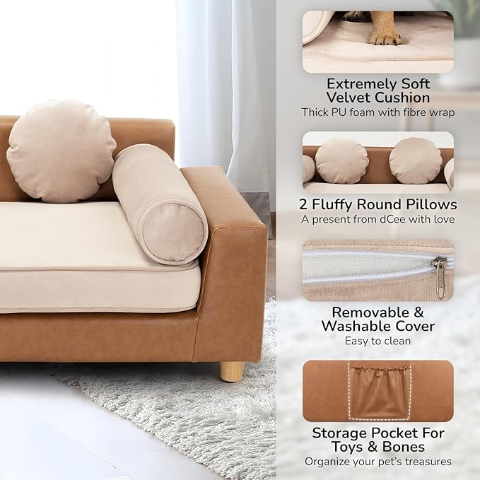 dCee Luxury Large Dog Sofa, Cat Sofas, Holds 160 Lbs, 42 in. Premium Leather Dog Bed Couch with Removable Washable Velvet Cushion for Comfort Sleep, Suitable for Different Pet Sizes